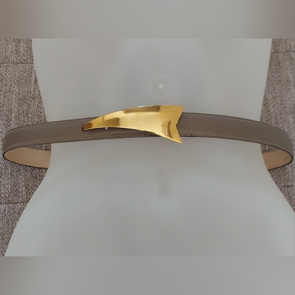 Vintage Calderon Taupe Leather Belt with Goldtone Buckle Size Medium